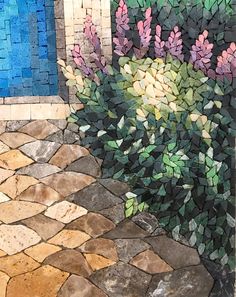 a painting of flowers and rocks in front of a building