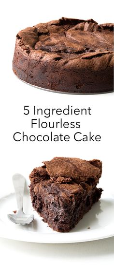 chocolate cake on a white plate with the words 5 ingredient flourless chocolate cake above it