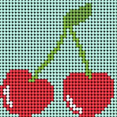 two cherries with green stems are depicted in this cross - stitch pattern on fabric