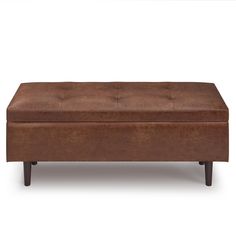 a brown leather bench with wooden legs on an isolated white background for display or montage