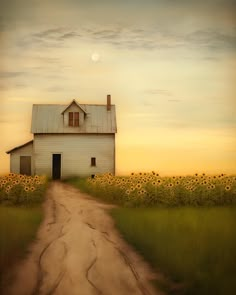 a painting of a white house in the middle of a field with sunflowers