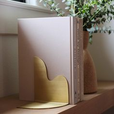 a book sitting on top of a wooden shelf next to a potted plant