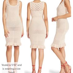 Crochet Cream Dress Bodycon Sheath Dress With Ruffle Hemline Size L Womens Polka Dot Dress, Embroidered Tulle Dress, Betsey Johnson Dress, White Embroidered Dress, Orange Maxi Dress, Plus Size Mini Dresses, Crochet Ruffle, Ruffle Trim Dress, Floral Sheath Dress