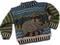 a blue and green sweater with a raccoon on it