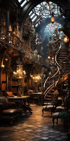 an old fashioned library with stairs and chandeliers