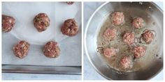 meatballs are being cooked in a pan and then placed on a paper towel to cool them down