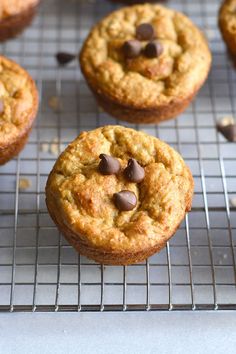 chocolate chip muffins cooling on a wire rack