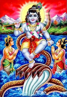 the hindu god sitting on top of a snake with two other people around him and holding a