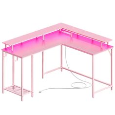 a computer desk with pink lines on the top and bottom, connected to an outlet