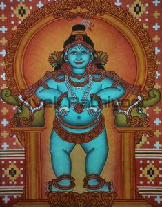 an image of the hindu god in blue and orange colors, standing on a gold frame