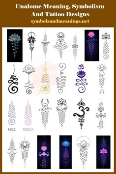 an image of some tattoo designs in different colors and sizes, with the words unique meaning symbol