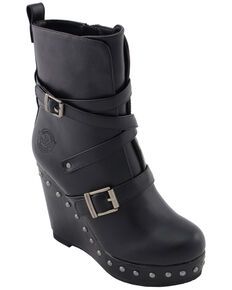 Milwaukee Leather Womens Triple Strap Wedge Boots - Round Toe, Black Boots With Platform, Leather Fingerless Gloves, Black Wedge Boots, Strap Boots, Womens Cowgirl Boots, Handcrafted Boots, Leather Biker Boots, Platform Wedge Heels, Boot Straps