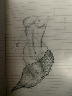 a drawing of a woman's torso on lined paper