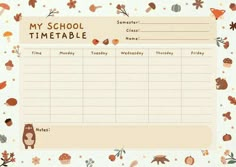 a school timetable with autumn leaves and acorns