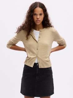 Supersoft and lightweight cotton-blend, slightly cropped cardigan.  Crewneck.  Long sleeves.  Button front.  * Fit: Classic.  A straight & easy fit.  Slightly cropped, hits at the waist.  Models wearing Gap Black Chinos, Sweater Season, Cropped Cardigan, Petite Size, Cardigans, Turning, Gap, Cashmere, Cotton Blend