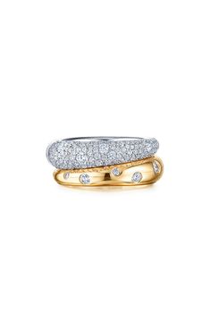 Offering the appearance of a two-tone ring stack in one lovely, easy-to-wear style, this 18-karat gold band dazzles with the sparkle of 130 diamonds. Style Name:Kwiat Cobblestone Double Ring. Style Number: 5914750. Available in stores. Chunky Anniversary Band, Double Diamond Rings, Two Toned Ring, Diamond And Gold Ring, Gold Double Band Diamond Ring, Stackable Double Band Diamond Ring, Modern Round Diamond Ring, Unique Round Diamond Engagement Rings, Thick Gold Band Engagement Ring