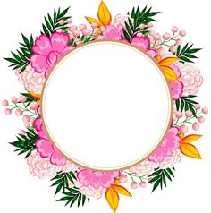 a round frame with pink flowers and green leaves