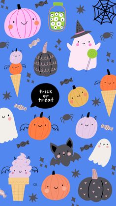 a blue background with lots of different types of halloween decorations