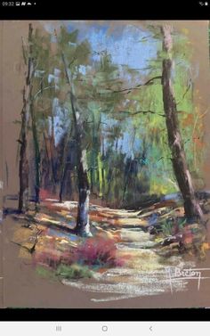 an oil painting of a path in the woods