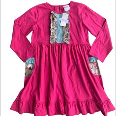 This Is A New With Tags Natalie Grant Dress In Girl’s Size 12. It Is Pink With Patterned Pockets And Ruffled Design On The Chest. Keyhole Cut Out On Backside Of Neck. Playful Long Sleeve Dresses For Sleepover, Spring Long Sleeve Dresses For Playwear, Pink Cotton Dress With Pockets, Pink Long Sleeve Twirl Dress For Summer, Ruffled Dresses For Playtime In Fall, Pink Fitted Long Sleeve Twirl Dress, Long Sleeve Cotton Dress For Playwear, Fitted Long Sleeve Cotton Twirl Dress, Fall Dresses With Ruffles For Playtime