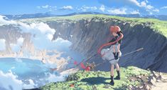 an anime character standing on top of a mountain