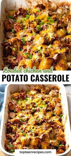 an image of a casserole dish with potatoes and meats in it, before and after baking