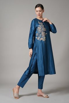 Blue chanderi kurta with placed sequin and bead embroidered floral branch motifs. Comes with pant. - Aza Fashions Blue Pants With Resham Embroidery For Festive Occasions, Festive Blue Pants With Resham Embroidery, Festive Blue Embroidered Pants, Festive Embroidered Blue Pants, Blue Chanderi Churidar With Floral Embroidery, Festive Blue Pants With Floral Embroidery, Embroidered Blue Pants For Eid, Blue Raw Silk Salwar Kameez With Floral Embroidery, Festive Anarkali Pants With Floral Embroidery