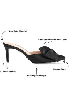 A floppy bow charms the pointed toe of a sophisticated mule set on a sensible mule. 3" heel Textile upper/synthetic lining and sole Imported Elegant Mules With 4-inch Heel And Pointed Toe, Feminine High Heel Mules For Party, Elegant Slip-on Sandals With Bow, Pointed Toe Bow Mules For Party, Party Bow Mules With Pointed Toe, Party Mules With Bow And Pointed Toe, Pointed Toe Sandals With Bow For Cocktail, Feminine Pointed Toe Sandals With Bow, Cocktail Sandals With Bow And Pointed Toe