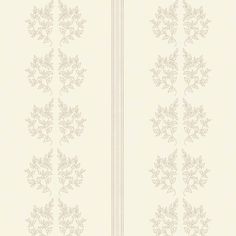 a white wallpaper with leaves and stripes on the bottom, in an ornate pattern