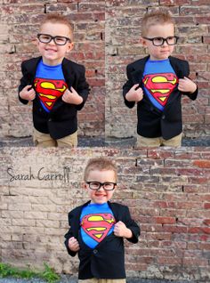 a young boy wearing glasses and a superman t - shirt is shown in four different pictures