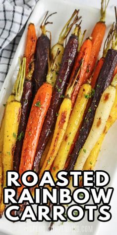 roasted rainbow carrots in a white serving dish with text overlay reading roasted rainbow carrots