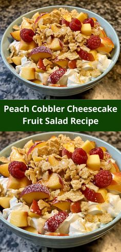 peach cobbler cheesecake fruit salad recipe in a bowl with the title above it