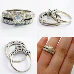 three different types of wedding rings with diamonds on top and bottom, one in white gold the other in silver