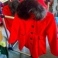 Brand New Beautiful Girls Jacket With Faux Fur Lined Hood Red Outerwear With Faux Fur Trim For Cold Weather, Red Fitted Outerwear With Faux Fur Trim, Light Jean Jacket, Red Fur Coat With Faux Fur Trim For Winter, Red Fleece-lined Outerwear For Winter, Olive Green Coat, Red Pea Coat, Light Blue Blazer, Hooded Red Moisture-wicking Outerwear