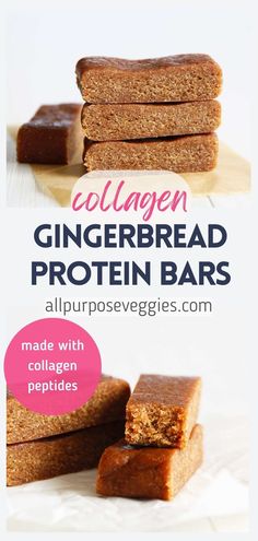 collagen gingerbread protein bars are stacked on top of each other with text overlay