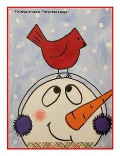 a red bird sitting on top of a snowman's head with carrots