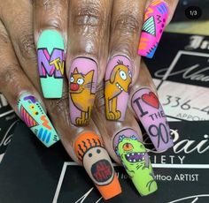 90s Cartoon Nails, Cartoon Nails Acrylic, 90s Cartoon Nails Acrylic, Nails 90s, Disney Acrylic Nails, Curved Nails