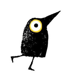 a black bird with yellow eyes and an eyeball in it's beak is walking