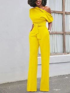 Affordable price buy Jumpsuits on Stylewe, SPU: 112JU4PAE0E, Color: Yellow, Material:Polyester, Waistlines:High Waist. Jumpsuit For Wedding, Plain Jumpsuits, Wedding Jumpsuit, Fitted Jumpsuit, Short Sleeve Jumpsuits, Clothing Details, Long Jumpsuits, Jumpsuit With Sleeves, Sleeveless Jumpsuits