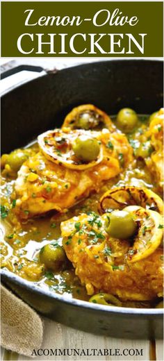 lemon olive chicken in a skillet with green olives on top and text overlay