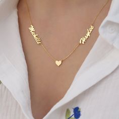 Custom Two Name Necklace with Heart, Personalized Double Name Necklace, Silver Couple Name Necklace, two name necklace with heart 💕 H O W * TO * O R D E R Step 1 : Choose the color: Gold, Rose Gold, White Gold Step 2 : Choose necklace length: 14" to 24" available Step 3 : Add your personalization: Simply use the 'PERSONALIZATION BOX' to let us know the NAME and FONT NUMBER that you would like. 💕 DETAILS, MATERIAL & FINISH Yellow Gold, Rose Gold, Silver, 14K Solid Gold Silver ALL OUR PRODUCTS H Two Name Necklace, Personalized Heart Necklaces For Anniversary Gift, Heart-shaped Name Necklaces For Anniversary, Double Heart Name Necklace For Wedding, Wedding Necklaces With Double Heart And Name, Name Detail Double Heart Wedding Necklace, Personalized Double Heart Wedding Necklace, Wedding Double Heart Name Necklace, Custom Name Double Heart Necklace For Anniversary