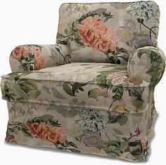 an upholstered chair with flowers on it