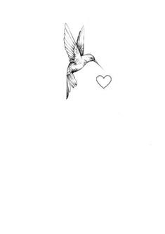 a black and white drawing of a bird flying with a heart in the sky behind it