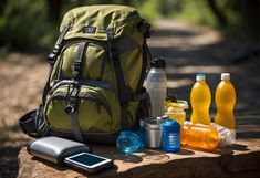 a backpack sitting on top of a tree stump next to water bottles and cell phone