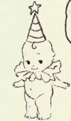 a drawing of a baby wearing a party hat and standing next to a balloon with a star on it