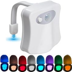 the light up toilet paper dispenser is shown with different colors and shapes