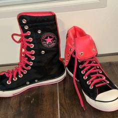 Converse Folded Over High Top In Pink Neon 13 Holes Can Be Snapped Down Or Just Folded Over All Snaps Are Intact These Shoes Are In Perfect Shape. They Were Worn One Night. My Daughter Didn’t Care For Them.. Only Worn Around The House. Euc Men/6 Women’s/8 Pink High-top Sneakers With Studded Outsoles, Pink Converse High-top Sneakers For Sports, Pink Converse High-top Sneakers Sporty Style, Chuck Taylor Black, Pink High Tops, Converse All Stars, Pink Neon, One Night, Womens Converse