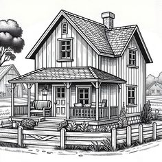 a black and white drawing of a small house with porches on the front yard