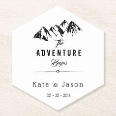 the adventure begins save the date sticker is printed on a white hexagon