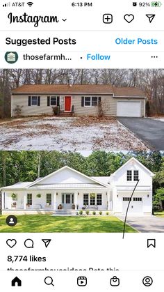 the before and after pictures of a house in white with red doors, windows, and siding